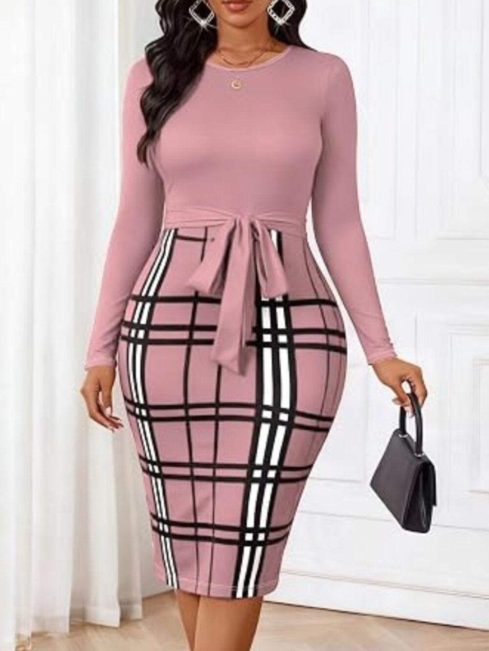 Women Pink Color Block Plaid Long Sleeve Slim Midi Dress Size Small